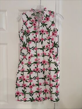 Tail White Sleeveless Mini Dress with Pink Floral Print